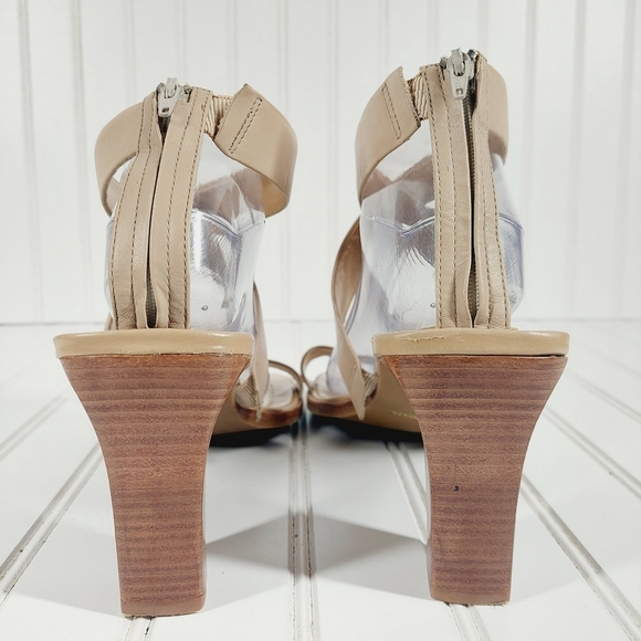 Nicole Fracture Tan Leather Block Wood Heel Back Zipper Strappy Sandals Y2k A674 - Picture 6 of 13